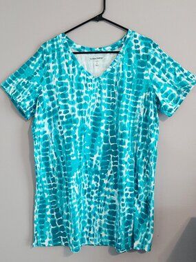 2/$15 Woman Within Bright Turquoise V-Neck Tunic Top - Size Medium 14/16